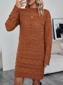 SHEIN LUNE Màu thuần Dệt kim Tay áo dài Đầm Áo len - Rỉ Nâu - Xem 1
