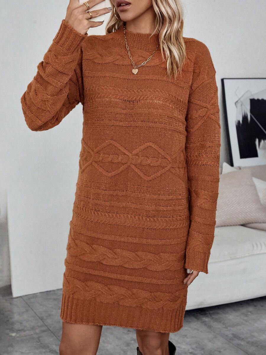 SHEIN LUNE Màu thuần Dệt kim Tay áo dài Đầm Áo len - Rỉ Nâu - Xem 1