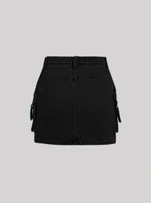 SHEIN 青少年女孩翻蓋口袋帶扣細節牛仔半身裙 - 黑色 - 查看 2