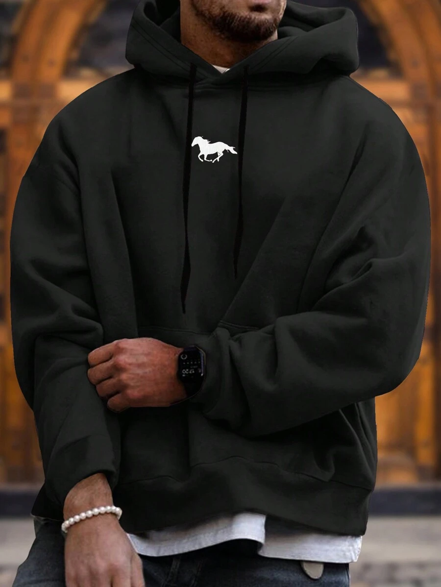 SHEIN Cottnline Men's Animal Print Hooded Long Sleeve Sweatshirt - Khaki - View 1