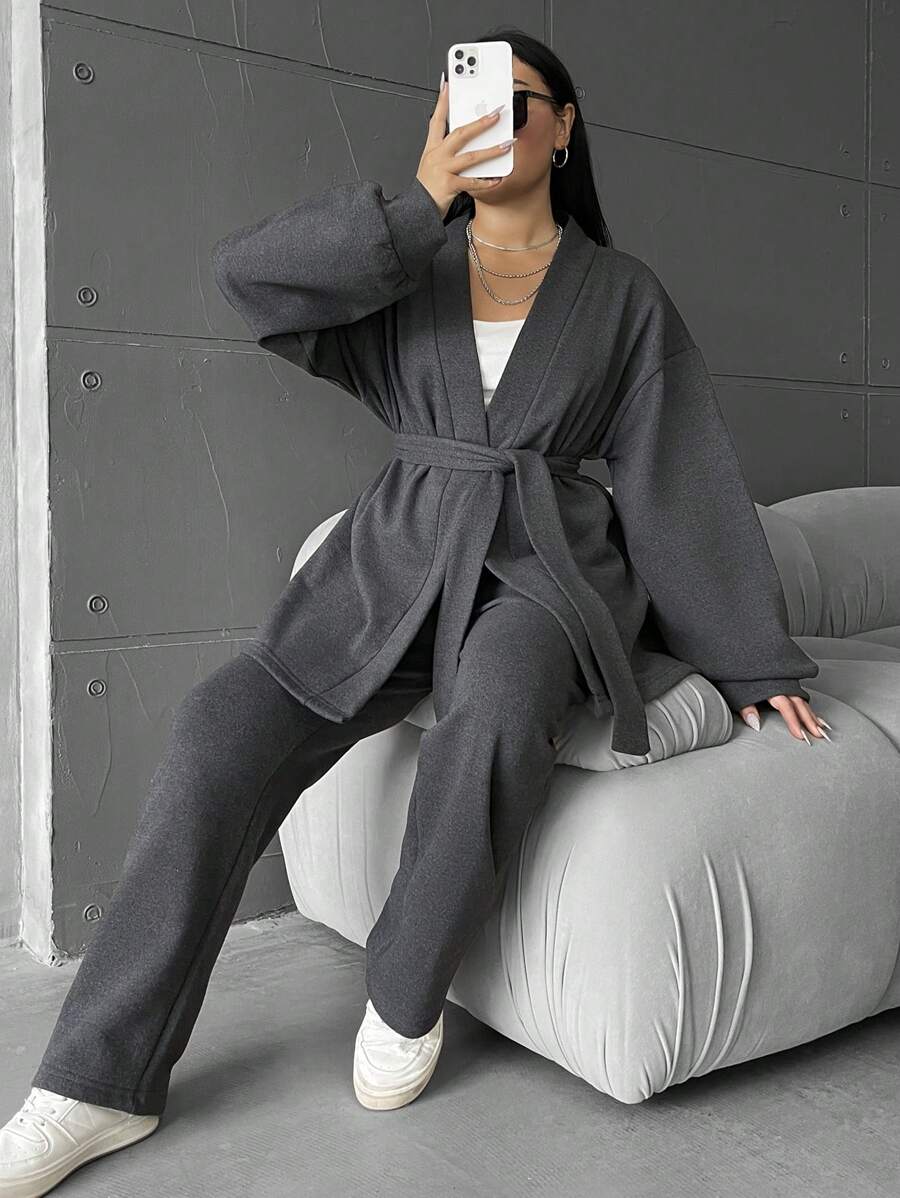 EURMUSE Plus Size Solid Color Casual Jacket And Pants 2 Pieces Set, Autumn/Winter - Dark Grey - View 1