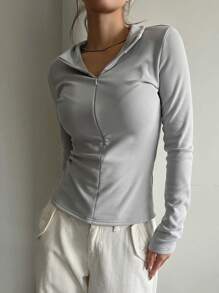 DAZY Của phụ nữ Dây kéo mặt trước Áo thun - Xám - Xem 6