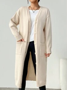 SHEIN Essnce 杏顏色前紐扣落肩袖開襟衫帶雙面口袋 - 米色 - 查看 3