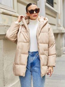 SHEIN Cottnline Chaquetas Acolchadas Con Capucha Y Doble Bolsillo Para Mujer - Beis - Ver 4