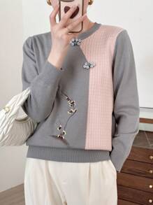 Elegant New Chinese Style Long Sleeve Fashionable Contrast Color Sweater, Autumn - Baby Blue - View 1