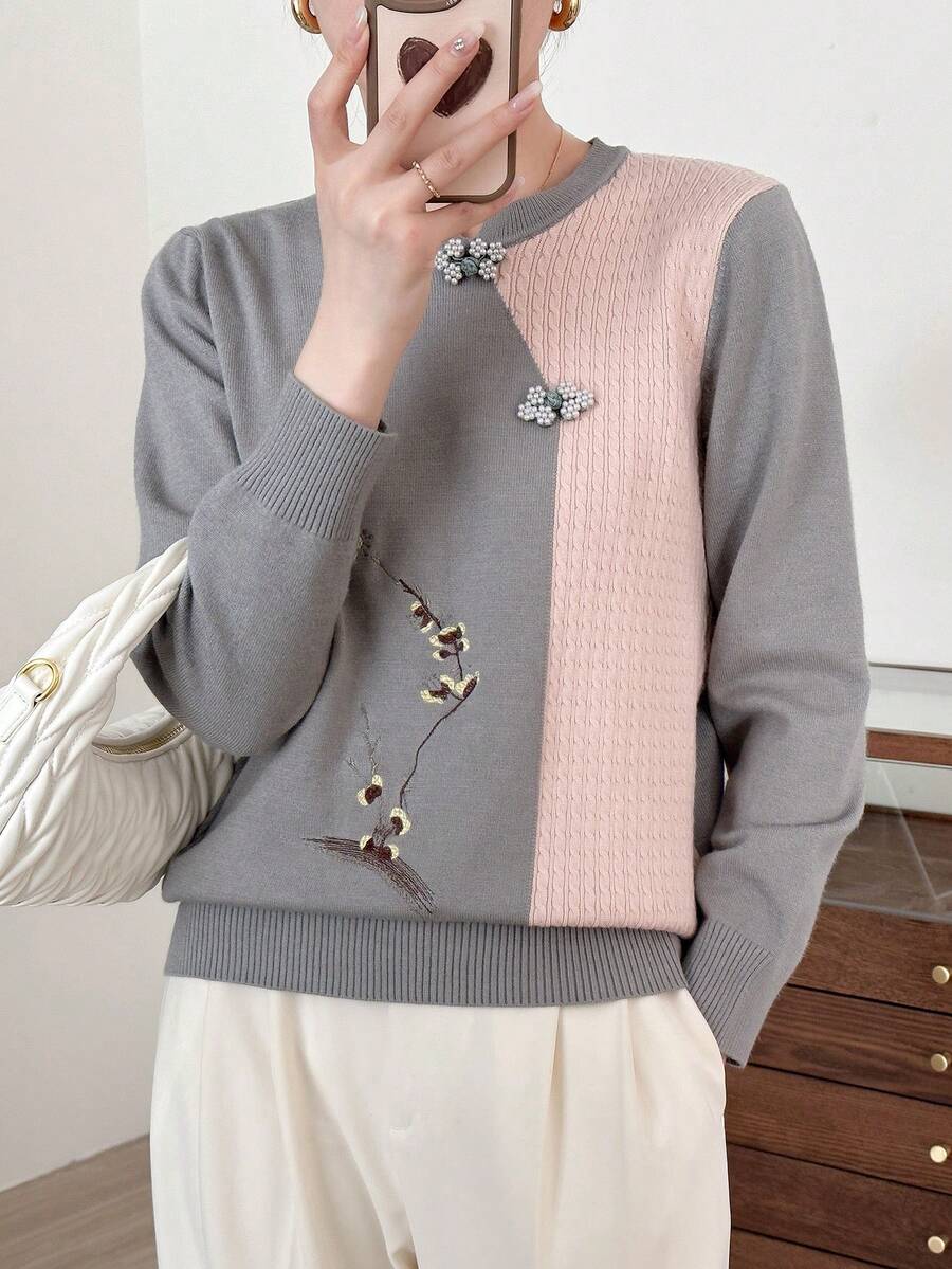 Elegant New Chinese Style Long Sleeve Fashionable Contrast Color Sweater, Autumn - Baby Blue - View 1