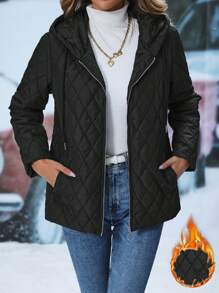 EMERY ROSE 拉链抽绳连帽绗缝棉衣外套，女士冬装休闲口袋，拉链常规袖连帽宽松黑色纯色女士冬装外套，冬装保暖/冬装时尚 - 黑色 - 查看 1