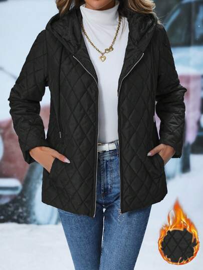 EMERY ROSE Zip Up Drawstring Hooded Quilted Padded Coat,Ladies Winter Clothes Casual Pocket,Zipper Regular Sleeve Hooded Loose Black Plain Women Winter Clothes Coats,Winter Clothes Warmth/ Winter Clothes Fashion Fall Cloth For Women