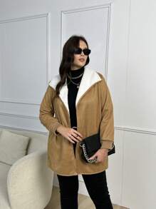 SHEIN LUNE 大码女式毛绒衬里加厚棉袄外套冬季前开襟 - 棕色 - 查看 3