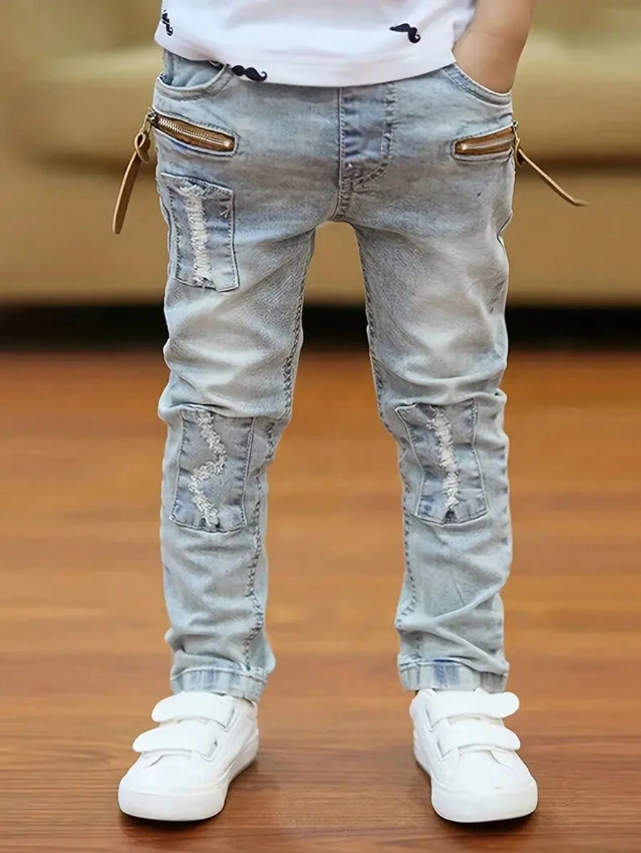Teen Boy Washed Distressed Zip Detail Denim Jeans - Light Wash - View 1