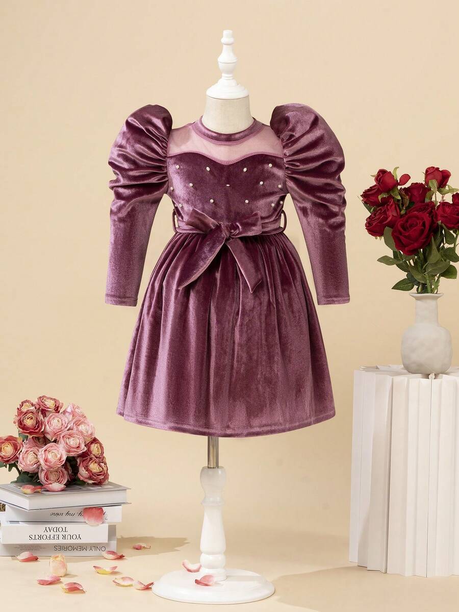 SHEIN 女童絲絨珠飾洋裝 - 藕粉色 - 查看 1