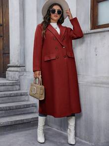 Calvaya Plus Size Red Double Breasted Mid-Length Coat - Burgundy - View 7