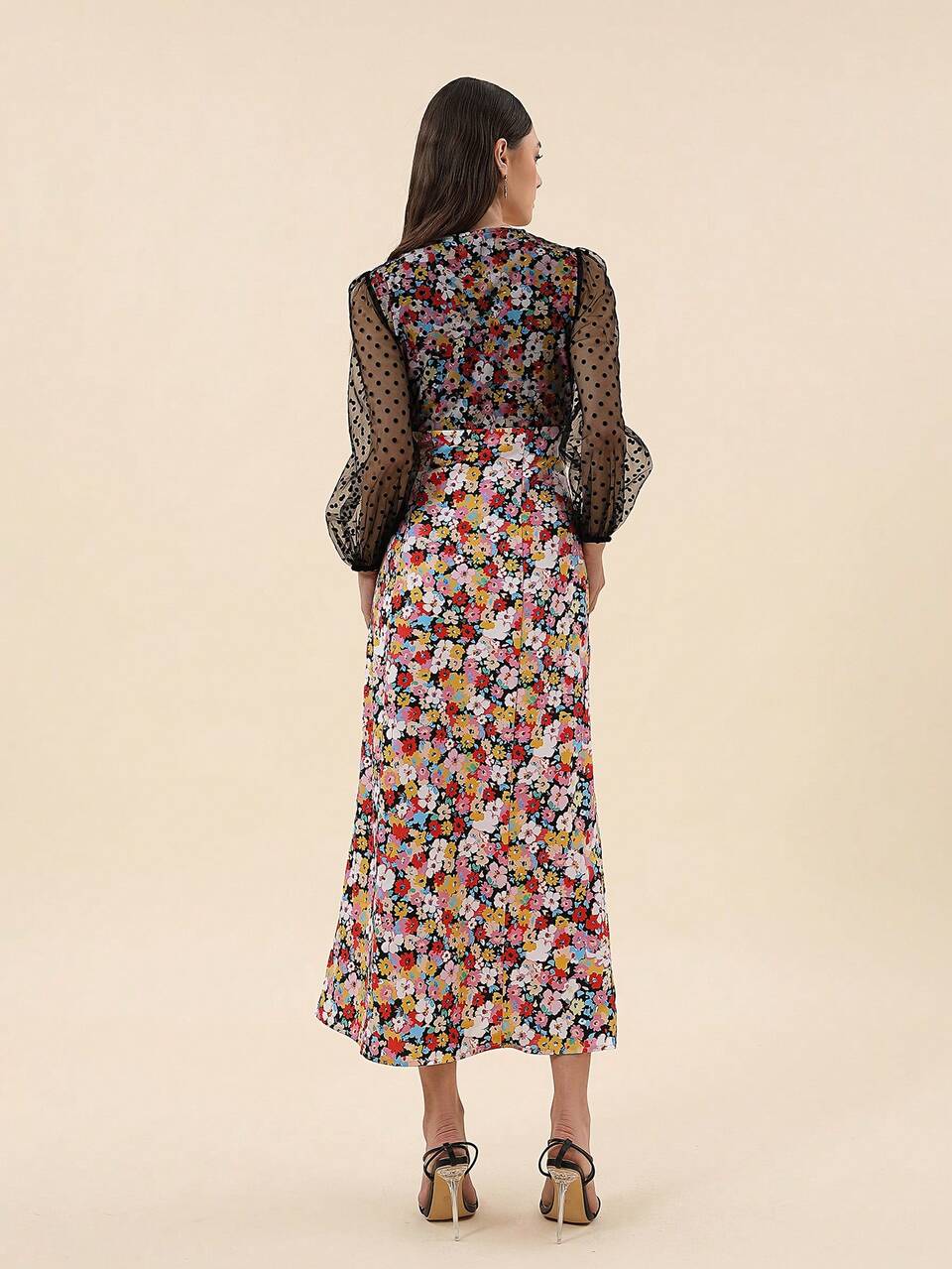 Floral Print Contrast Mesh Lantern Sleeve Split Thigh Dress