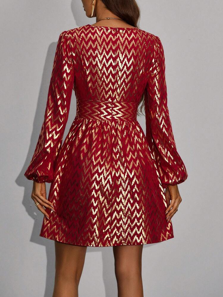 Women's Zigzag Printed V-Neck Lantern Sleeve Dress For New Year Clothes Fall Cloth For Women