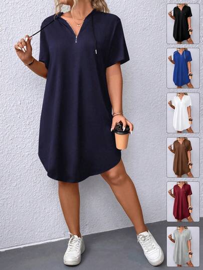 EMERY ROSE Vestido De Manga Corta Con Capucha Y Cordón De Talla Grande