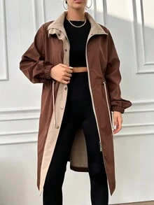 EURMUSE Chaqueta Con Cremallera Y Botonadura Sencilla En Contraste Para Mujer - Marrón - Ver 3