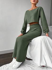 EURMUSE 2pcs/set Solid Color Lantern Sleeve T-shirt And Skirt - Olive Green - View 3