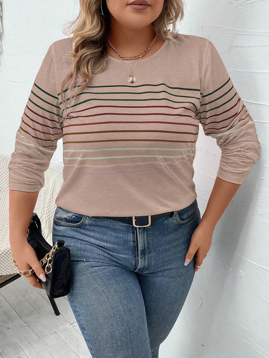 SHEIN LUNE Kích thước lớn Sọc & In Vòng cổ Áo thun - Màu Khaki - Xem 1