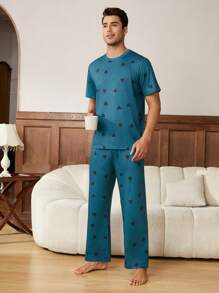 Men's Short Sleeve And Long Pants Home Clothes Set - Multicolor - View 3