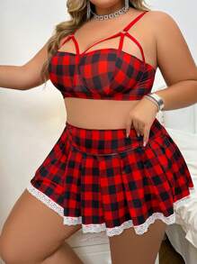 Spicy Aura Plus Size Plaid Hollow Out Sexy Lingerie - Multicolor - View 4