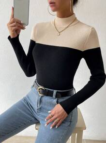 Chiquease Women's Color Block High Neck Knit Pullover Fall Winter Sweater - Apricot - View 3