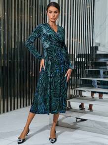 SHEIN BAE 女用斑馬條紋印花裹身連身裙,腰部繫帶 - 彩色 - 查看 6