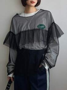 FRIFUL Lace Mesh Sheer Women's Top - Black - View 1