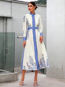 Sollinarry Ladies' Floral Print Shirt Dress With Contrast Color Trim - Blue - View 1