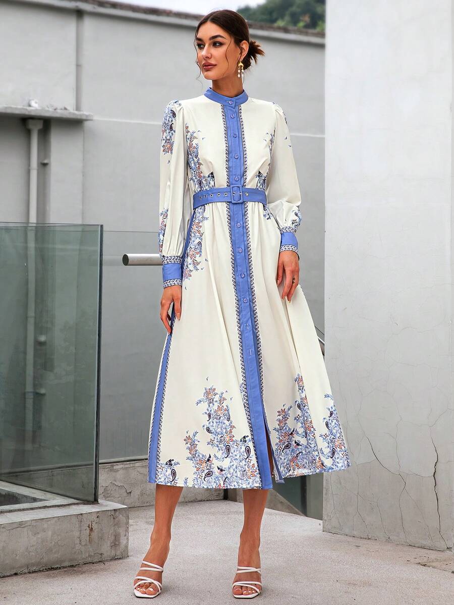 Sollinarry Quý cô In hoa Váy sơ mi Với Tương phản Màu sắc Cắt tỉa - Màu xanh lam - Xem 1