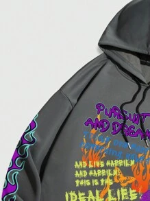 ROMWE MEN Street Life 印有字母圖案的街頭風格連帽衛衣,束口帶細節 - 深灰色 - 查看 4