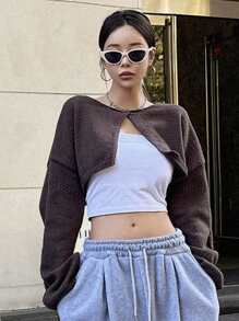 Dazy Star 1pc Solid Drop Shoulder Super Crop Sweater - Coffee Brown - View 4