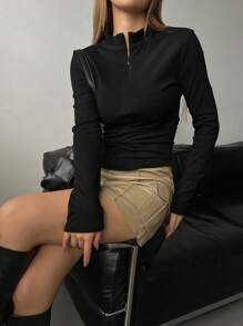 DAZY Màu thuần Chi tiết dây kéo Tay áo dài Của phụ nữ Áo thun - màu đen - Xem 4