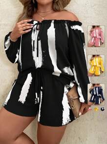 SHEIN Clasi Plus Brush Print Off Shoulder Top & Shorts Fall Cloth For Women - Black and White - View 1
