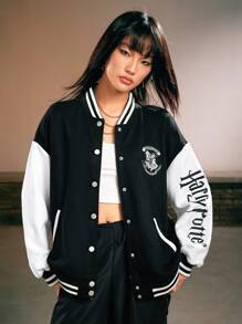 Harry Potter | ROMWE Letter Print Contrast Drop Shoulder Baseball Jacket, School