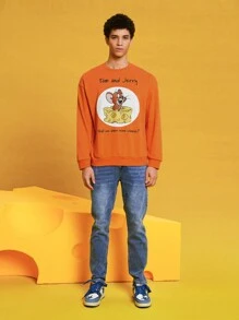 TOM & JERRY X SHEIN 男女通用1件卡通印花衛衣 - 橘色 - 查看 7