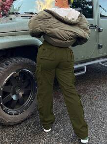 Women Solid Color Daily Wear Multi-Pocket Cargo Pants - Army Green - View 2