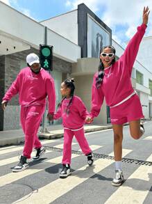 SHEIN Tween Girl 1pc Letter Graphic Drop Shoulder Pullover & 1pc Sweatpants - Hot Pink - View 6