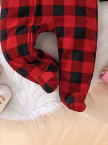 Baby Girls' Heart Print Grid Blue And Green Jumpsuit With Long Sleeve And Footed For Spring And Autumn - Multicolor - View 4