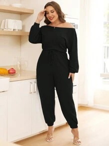 SHEIN Essnce Plus Solid Knot Waist Jumpsuit - Black - View 3