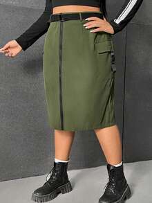 SHEIN EZwear 大尺碼女士腰帶口袋裙 - 軍綠色 - 查看 3