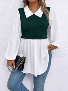 Calvaya Plus Size Women's Color Block Lantern Sleeve Patchwork Top - Green - View 4