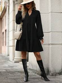 SHEIN Clasi Solid Loose Fit V-neck Long Sleeve Dress - Black - View 4