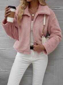 SHEIN Clasi Drop Shoulder Teddy Jacket - Dusty Pink - View 5