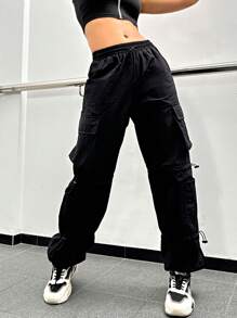 Đường phố Bầu không khí Chất rắn Flap túi Eo dây rút Lỏng lẻo quần ống rộng Quần nhảy dù Cargo - màu đen - Xem 1