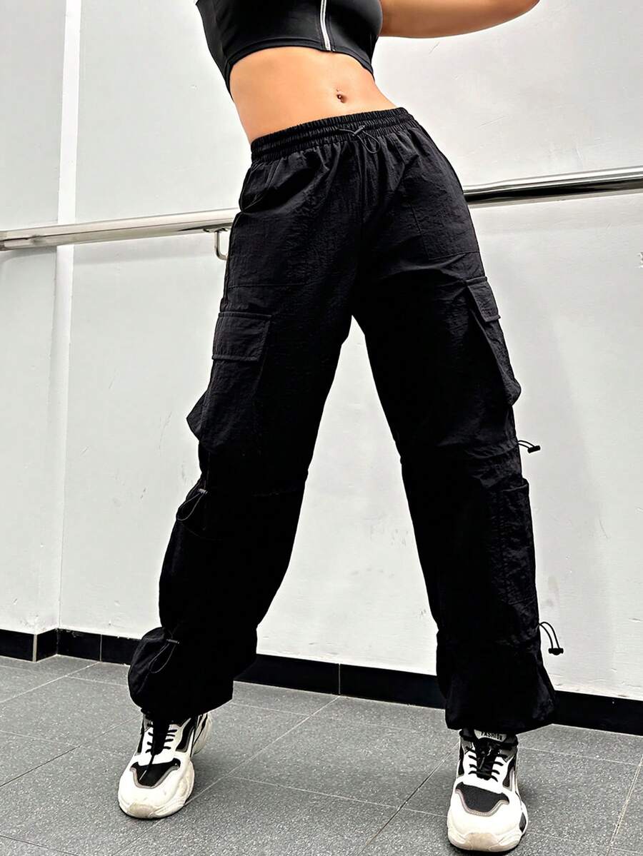 Đường phố Bầu không khí Chất rắn Flap túi Eo dây rút Lỏng lẻo quần ống rộng Quần nhảy dù Cargo - màu đen - Xem 1
