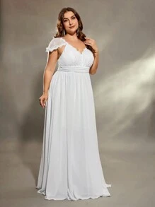 女款大尺碼 V 領雙肩蕾絲胸前荷葉邊拼布雪紡 A 字婚紗婚紗 - 白色 - 查看 3