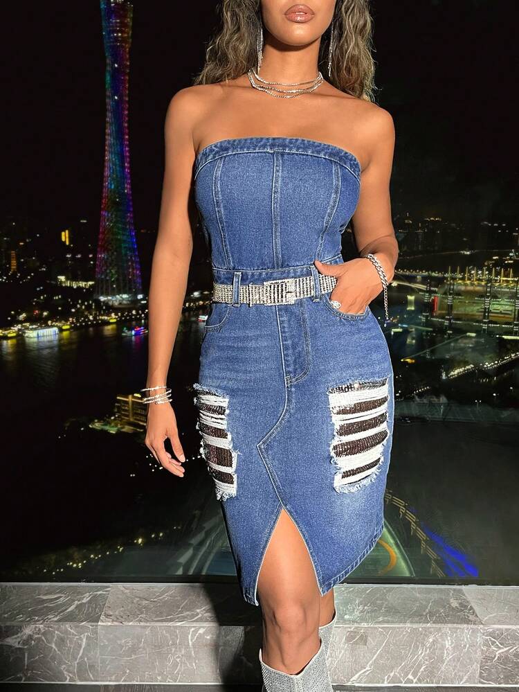 Strapless Denim Dress With Distressed And Glittering Design