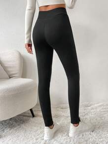 SHEIN LUNE Women's Casual Thermal Lined Letter Print Leggings, Autumn/Winter - Black - View 2