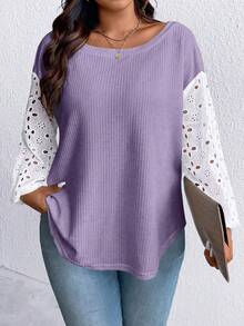 SHEIN LUNE 大尺碼拼接空心刺繡對比色t卹 - 紫色 - 查看 4