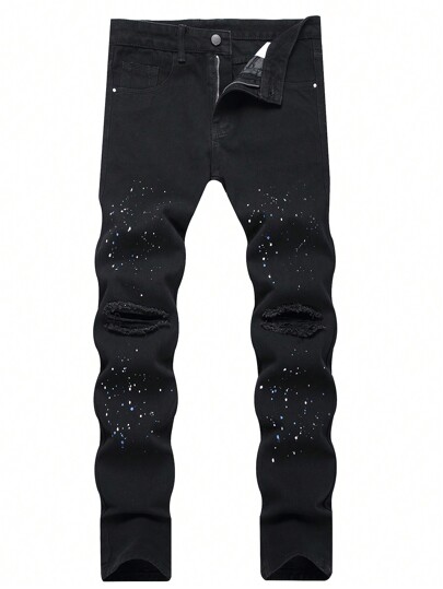 Guys Splash Ink Print Ripped Jeans